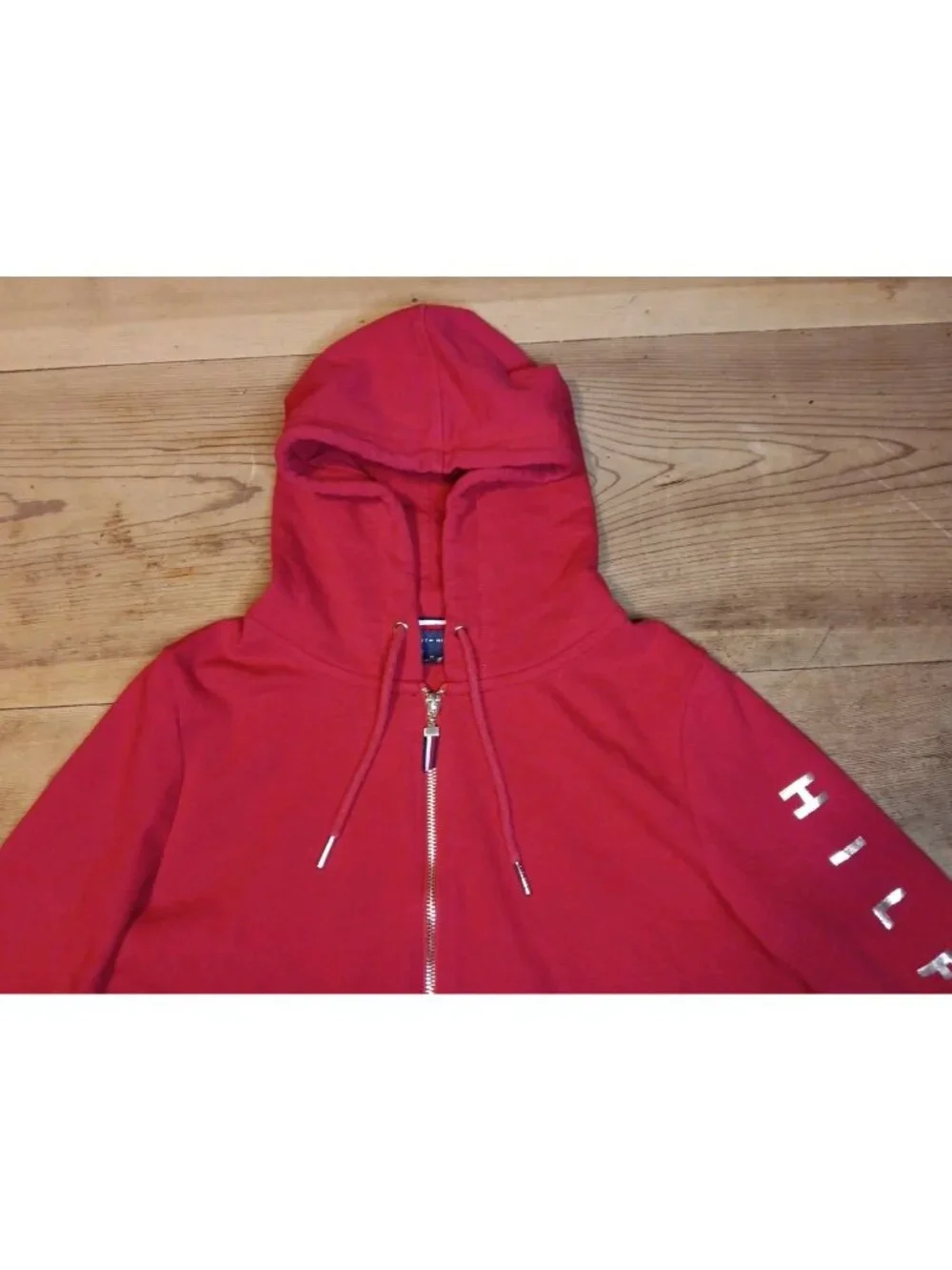 Tommy Hilfiger Hoodie Women M Red Sweatshirt Jacket Full Zip Red Gold Spellout